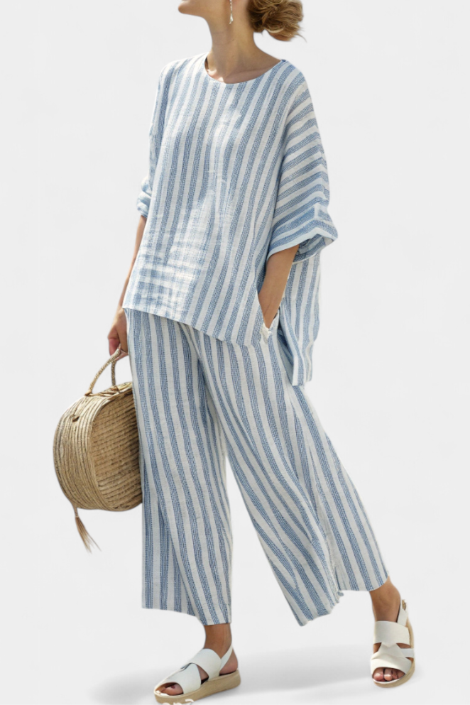 Emma | Sophisticated blue striped top and relaxed-fit pants